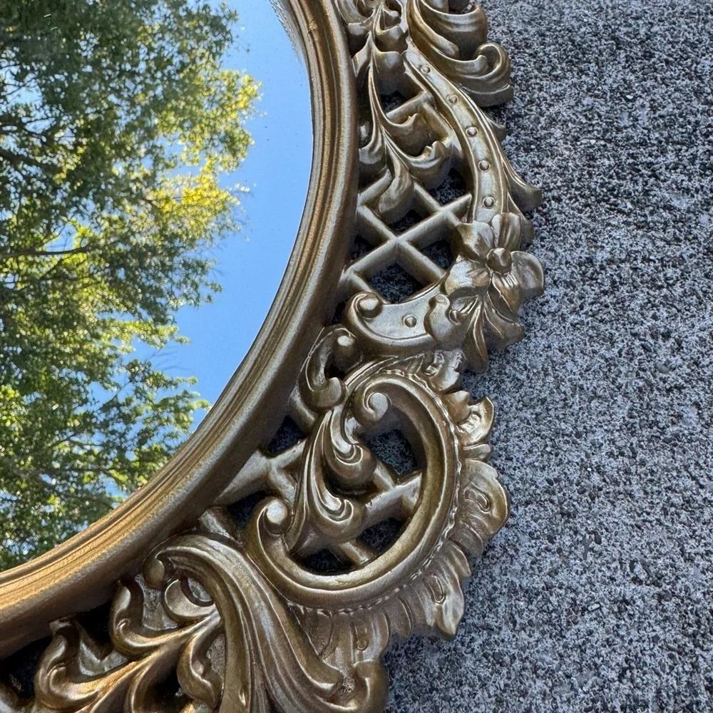 Mid-Century Hollywood Regency Gold Ornate Mirror Wood Floral Velvet Back 18x14”